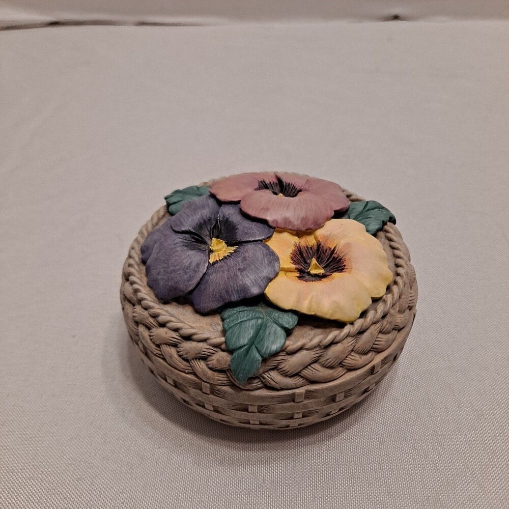 Resin Flower Covered Round Trinket Box Woven Basket Weave 3.5" x 2.25"